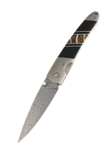 Woolly Mammoth Tooth Jewelry Collection 4" Damascus Liner Lock Knife with Clip, open, blade down