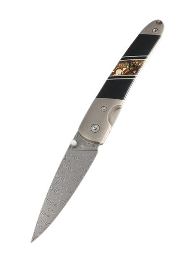 4" Liner Lock 110-Layer Stainless Damascus – Carmel Mammoth Tusk with Jet — open, blade down