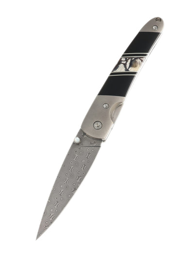 4" Liner Lock 110-Layer Stainless Damascus – White Mammoth Tusk with Jet — open, blade down