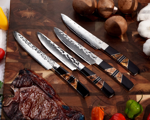 Hammer Damascus Steak Knife Set of 4 – Fossilized Mammoth Tusk Handles | Santa Fe Stoneworks