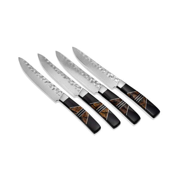 Hammer Damascus Steak Knife Set of 4 – Fossilized Mammoth Tusk Handles | Santa Fe Stoneworks