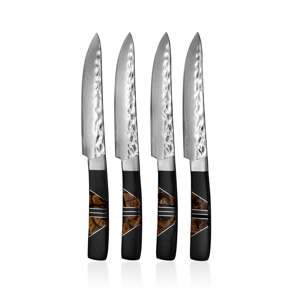 Hammer Damascus Steak Knife Set of 4 – Fossilized Mammoth Tusk Handles | Santa Fe Stoneworks