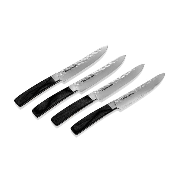 Hammer Damascus Steak Knife Set of 4 – Fossilized Mammoth Tusk Handles | Santa Fe Stoneworks