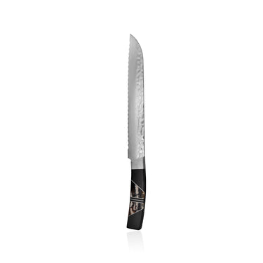 Hammer Damascus Bread Knife, Fossilized Mammoth Tusk Handle