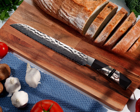 Hammer Damascus Bread Knife – Fossilized Mammoth Tusk Handle | Santa Fe Stoneworks