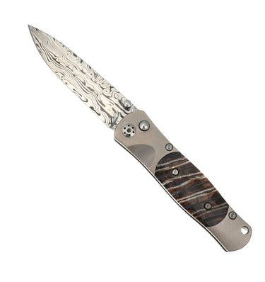 Tesoro Damasteel Button Lock 3½" — Natural Mammoth Tooth — Up Open