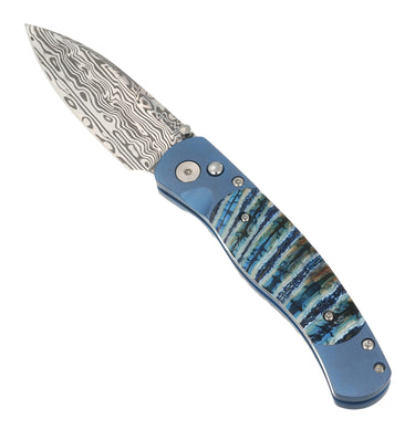El Rey Damasteel Button Lock — Blue Mammoth Tooth / Blue Anodized Frame — Open Up
