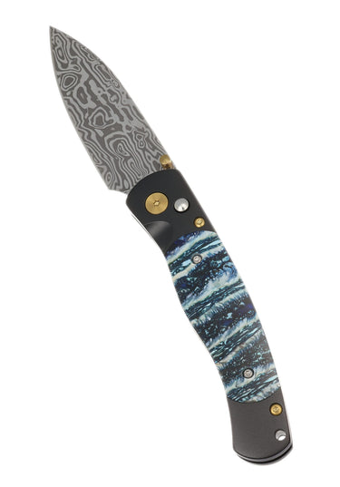 El Rey Damasteel Button Lock — Blue Mammoth Tooth / Black Cerakote, Gold PVD Hardware — Open Up