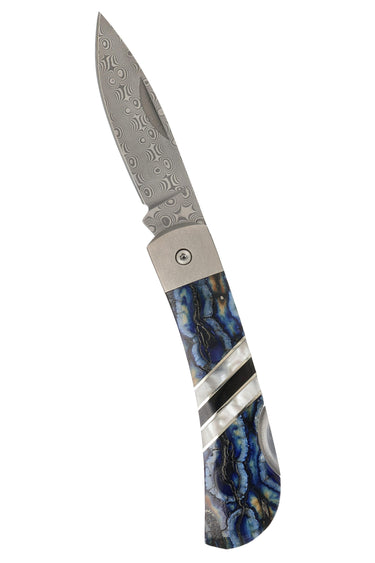 Titanium 3" Damascus Lock Back Fossilized Mammoth Tooth, Blue Mammoth Tooth with Jet and Mother of Pearl, open, blade up