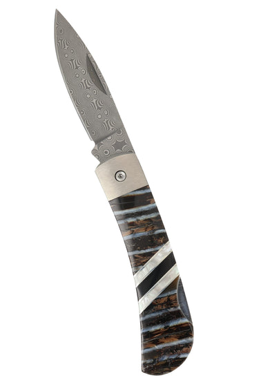 3" Lockback 110-Layer Stainless Damascus – Natural Fossilized Mammoth Tooth — open