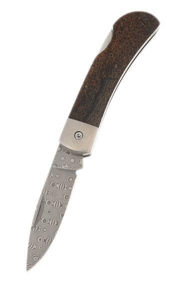 Damascus Fossilized Woolly Mammoth Bone Collection 3" Lockback, open, blade down