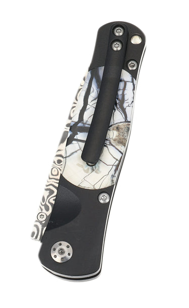 Tesoro Damasteel Button Lock 3½" — White Mammoth Tusk / Black Cerakote — Closed Back