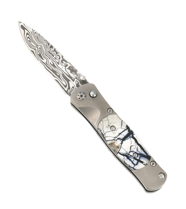 Tesoro Damasteel Button Lock 3½" — White Mammoth Tusk — Up Open