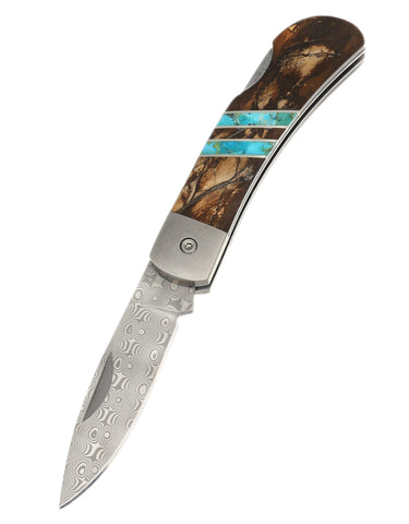Damascus Collection Mocha Woolly Mammoth Tusk 3" Lockback Knife- WEB SPECIAL, open, blade down