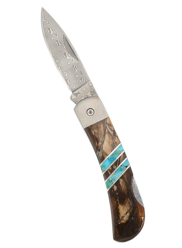 3" Lockback 110-Layer Stainless Damascus – Carmel Mammoth Tusk with Turquoise Strips — open