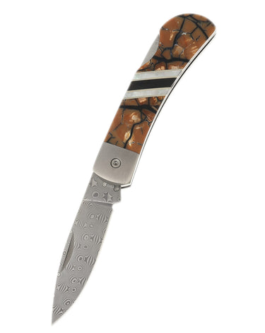 3" Lockback 110-Layer Stainless Damascus – Carmel Mammoth Tusk — open, blade down