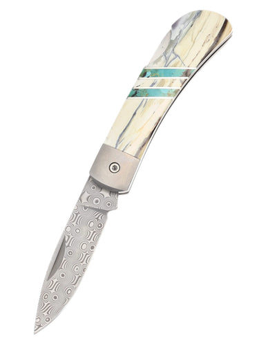 Titanium 3" Damascus Lock Back White Mammoth Tusk with Turquoise, open, blade down