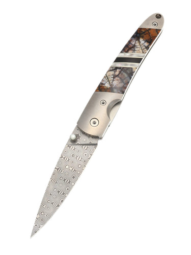 Woolly Mammoth Tusk Damascus Steel 4" Linerlock w/ pocket clip, open, blade down
