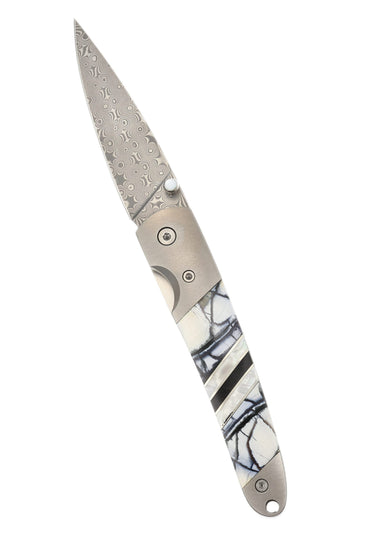 4" Liner Lock 110-Layer Stainless Damascus – White Mammoth Tusk — open