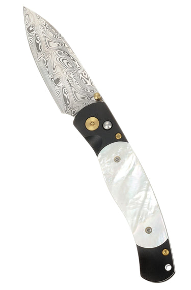 El Rey Damasteel Button Lock — Mother-of-Pearl / Black Cerakote, Gold PVD Hardware — Open