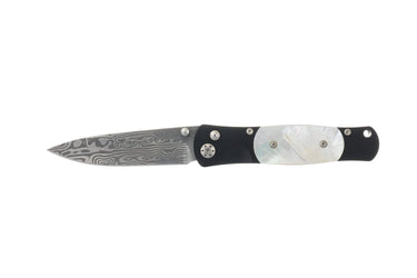 Tesoro Damasteel Button Lock 3½" — Mother-of-Pearl / Black Cerakote — Front
