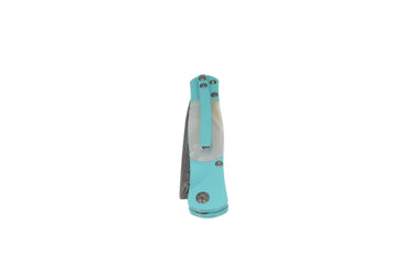 Tesoro Damasteel Button Lock 3½" — Mother-of-Pearl, Turquoise / Turquoise Cerakote — Back
