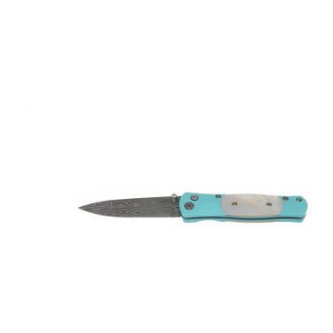 Tesoro Damasteel Button Lock 3½" — Mother-of-Pearl, Turquoise / Turquoise Cerakote — Front