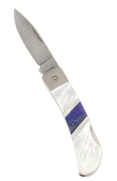3" Damascus Lockback — Mother-of-Pearl, Lapis — Open