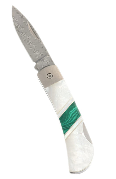 Jewelry Collection Mother of Pearl - Damascus - 3" Lockback, Malachite and Mother of Pearl, open