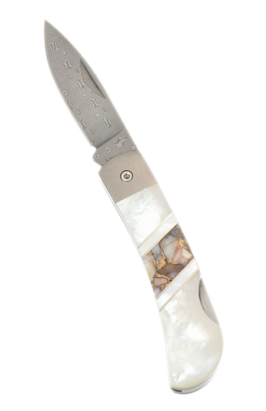 3" Damascus Lockback — Mother-of-Pearl, Peruvian Opal — Open