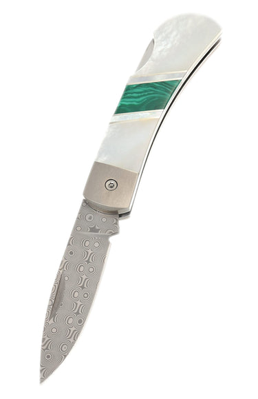 Jewelry Collection Mother of Pearl - Damascus - 3" Lockback, Malachite and Mother of Pearl, open, blade down