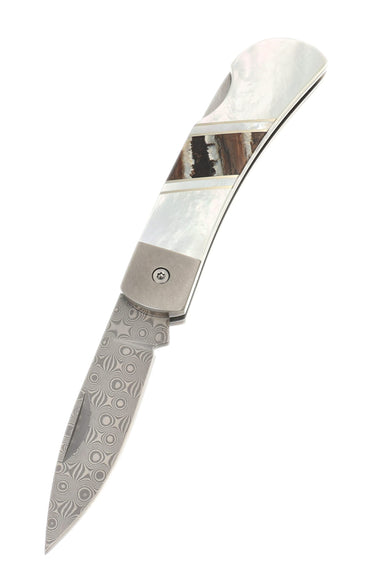 DMOP60M-Mother of Pearl - Woolly Mammoth Tooth - Damascus 3" Lockback, open, blade down