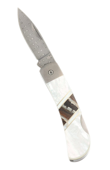 3" Lockback 110-Layer Stainless Damascus – Natural Fossilized Mammoth Tooth with Mother of Pearl — open