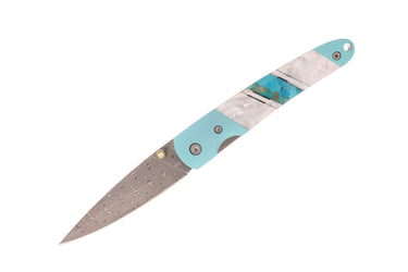 4" Damascus Liner Lock — Mother-of-Pearl, Turquoise / Turquoise Cerakote — Blade Down