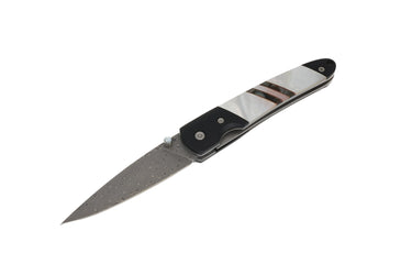 4" Damascus Liner Lock — Black-Lip Mother-of-Pearl / Black Cerakote — Blade Down