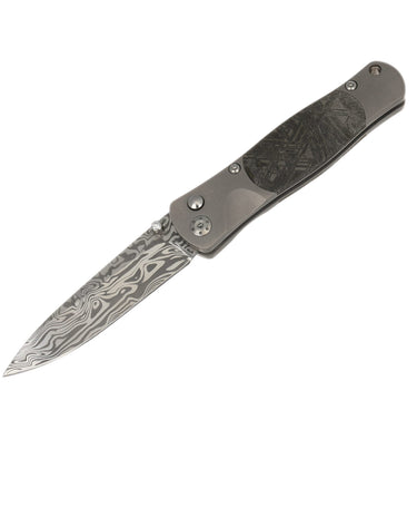 Tesoro Damasteel Button Lock – Munio Meteorite with Lab Diamond Thumb Stud — open, blade down