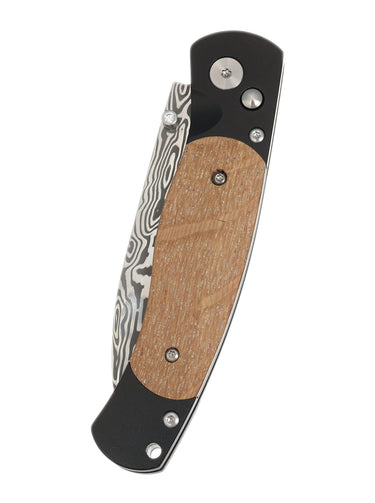 El Rey Damasteel Button Lock — Wood / Black Cerakote, Diamond Thumb Stud — Closed