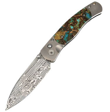 Polychrome Kingman Turquoise - El Rey Damascus Button Lock, open, blade down