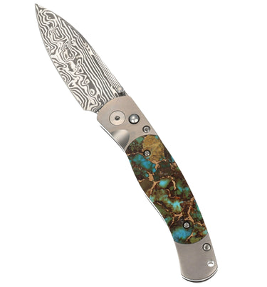 Polychrome Kingman Turquoise - El Rey Damascus Button Lock, open, blade up
