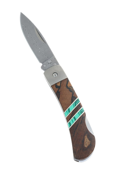 3" Lockback 110-Layer Stainless Damascus – Spalted Beech with Malachite — studio view