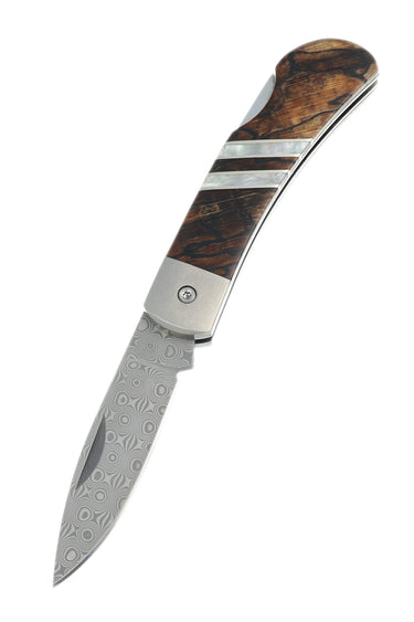 3" Lockback 110-Layer Stainless Damascus – Spalted Beech with Mother of Pearl — open, blade down