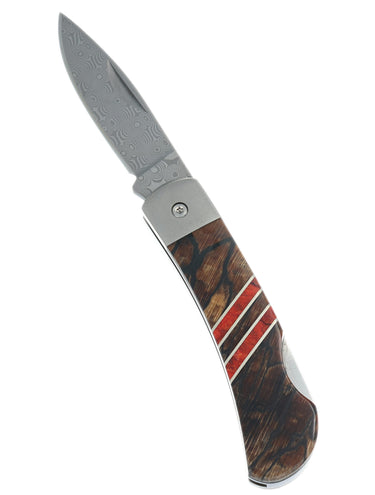 3" Lockback 110-Layer Stainless Damascus – Spalted Beech with Red Coral — open