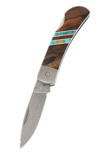 3" Lockback 110-Layer Stainless Damascus – Spalted Beech with Turquoise — open, blade down