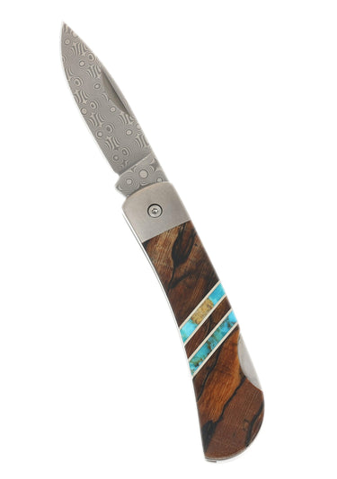 3" Lockback 110-Layer Stainless Damascus – Spalted Beech with Turquoise — open