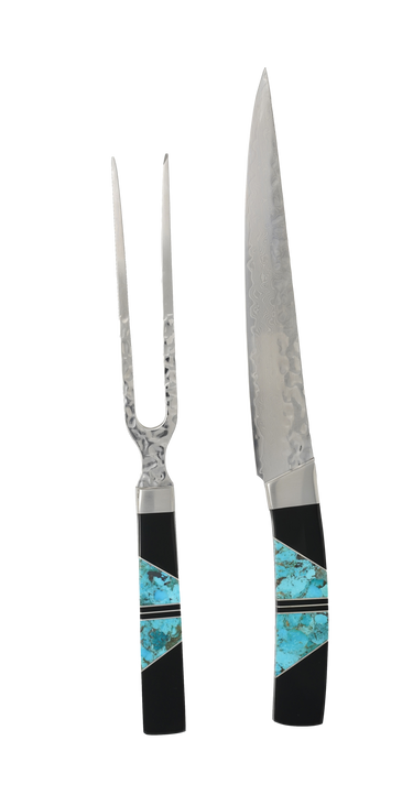 Jewelry Series Carving Set, Turquoise with Jet and Silver, carving fork and knife