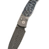 El Rey Feather Damascus Button Lock – Black Fossil Coral & Black Diamond Thumb Stud — open, blade down