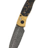 El Rey Feather Damascus Button Lock – Black Buffalo Bronze, Gold Cerakote & Black PVD Hardware, Black Diamond Thumb Stud — open, blade down