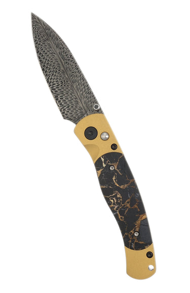 El Rey Feather Damascus Button Lock – Black Buffalo Bronze, Gold Cerakote & Black PVD Hardware, Black Diamond Thumb Stud — open