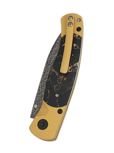 El Rey Feather Damascus Button Lock – Black Buffalo Bronze, Gold Cerakote & Black PVD Hardware, Black Diamond Thumb Stud — back
