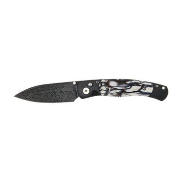 El Rey Feather Damascus Button Lock – Mammoth Tusk — closed